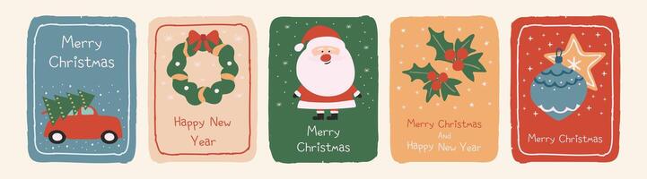 Set of five retro style hand drawn Christmas greeting cards with Christmas decorations. vector