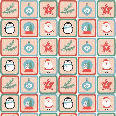Cute pattern with Santa Claus, penguin, snowman in snow globe, pine branch and star decoration. Christmas and winter holiday background.