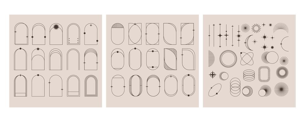 set of modern minimalist linear frame, arcs, element, stars, etc
