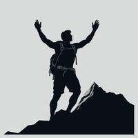 Black and White Silhouette of Fit Hiker on Mountain Summit with Backpack and Raised Hands Expressing Victory and Exploration Spirit vector