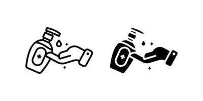 Sanitizer icon set. A minimalist outline icon illustration of a hand receiving sanitizer from a dispenser bottle, symbolizing hygiene and cleanliness. vector