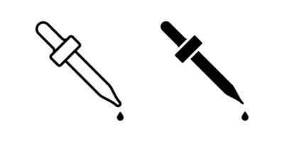 Dropper icon set. minimalist illustration of a dropper with a single falling drop. Two versions of the dropper are shown, one with a simple line drawing and the other in a filled silhouette. vector