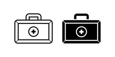 first aid box icon set. A simple illustration of a first aid kit box in both outline and solid black versions. Emergency medical symbol for website, apps, or designs. vector