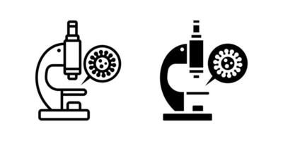 Microscope icon set. A minimalist line art illustration and solid black illustration of a microscope showing a virus under magnification. Suitable for use in scientific and medical contexts. vector