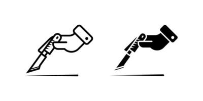 Surgical knife icon set. A simple style, illustration of a hand holding a box cutter or utility knife. The image shows the hand grasping the cutter as it scores or cuts a line on a surface. vector