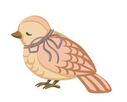 Cute little bird with purple ribbon in beige tones. Hand drawn cartoon illustration with sweet character and soft feathers. Perfect for card design or kids decor web graphic and baby projects. vector