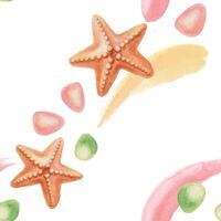 Starfish seamless pattern on white background in hand drawn watercolor style. Marine summer design with soft brush texture and bright color. Perfect for fabric or wallpaper and beach themed project. vector