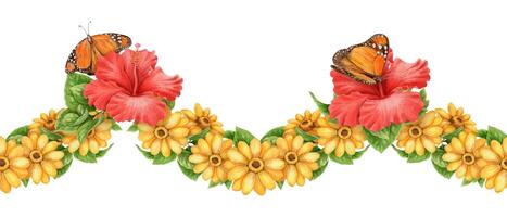 Curved seamless summer border with sunflower hibiscus and monarch butterfly. Hand drawn watercolor in vivid yellow red and green. Perfect for card design decoration and seasonal holiday template. vector