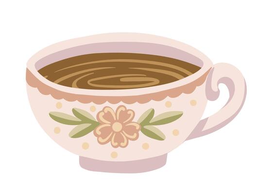 Ceramic tea cup with flower and polka dot pattern in cute cartoon style. Hand drawn illustration in beige color. Great for kitchen card design or cafe branding and homeware themed project.