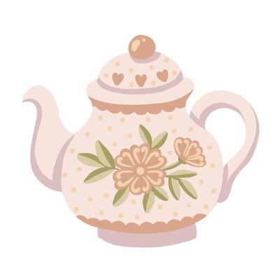 Ceramic teapot with flower and polka dot pattern in cute cartoon style. Hand drawn illustration in beige color. Great for kitchen card design or cafe branding and homeware themed project.