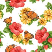 Floral pattern with butterflies and hibiscus vector