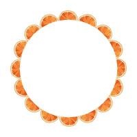 Round wreath of juicy orange half slice in hand drawn watercolor style. A bright and vibrant circular frame perfect for summer themed card, template, food presentation, and tropical holiday designs. vector