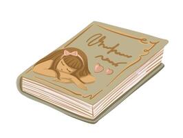 Romantic closed book in cartoon doodle style. Hand drawn green illustration of hardcover notebook with love story theme. Ideal for book card design or education project and reading concept. vector