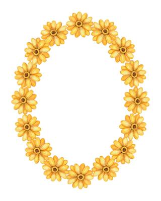 Wreath watercolor with yellow flower in oval frame. Hand drawn floral illustration with bright sunflower and botanical bloom and petal elements. Perfect for summer card template and holiday design.