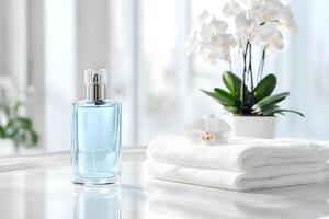 A bottle of perfume and towels on a table photo