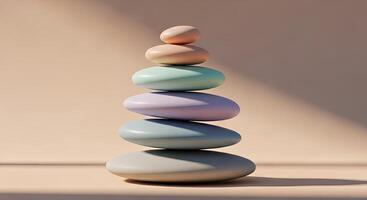 Stacked smooth pastel colored stones creating a balanced zen tower with soft light photo