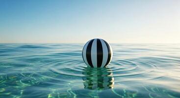 Black and white striped beach ball floats in clear ocean water photo
