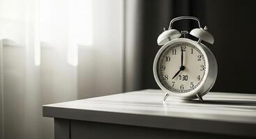 A white alarm clock sits on a white table, bathed in soft morning sunlight photo