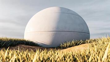 Futuristic white dome structure emerges from dry grass under a cloudy sky photo