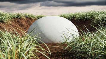 Large white dome structure emerging from a trench surrounded by green grass photo