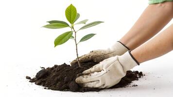 Hands in gloves carefully plant a young green sapling in rich dark soil, isolated on white background photo