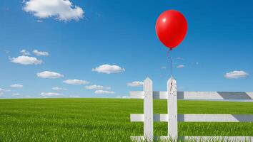 A solitary red balloon floats above a white fence in a vast green field under a blue sky photo