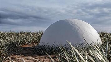 Mysterious white dome structure sits in a field of spiky plants under a cloudy sky photo