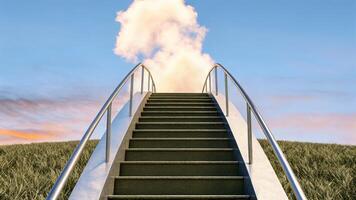 Stairway to heaven leads upward through clouds and golden sky photo