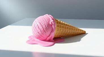 Melting pink ice cream cone on a white surface with sunlight shadows photo