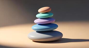 Stack of smooth pastel colored stones balanced precariously on a light surface photo