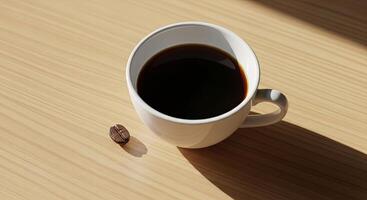 A white cup of black coffee sits on a wooden table in sunlight photo