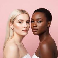 Portrait of Two Young Women with Different Skin Tones, Representing Beauty Diversity and Inclusion photo