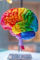 A colorful brain model is displayed on a stand photo