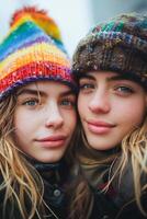 Two women wearing colorful hats and scarves are posing for a picture photo