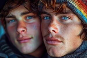Two men with blue eyes and beards are standing next to each other photo