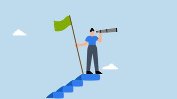 4k animation of successful businesswoman at top of career ladder holding winning flag and looking for a future visionary. video