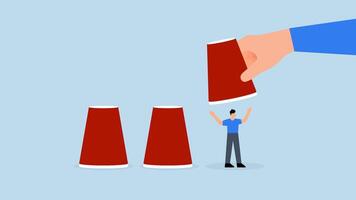 4k animation of employer hand raises designated cup to select businessman candidate from among cups in the guessing game. video