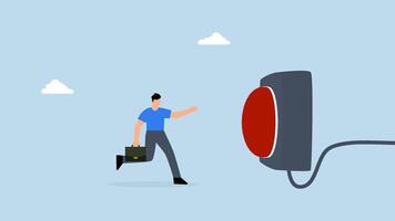 4k animation of cautious businessman rushing to press red emergency button. video