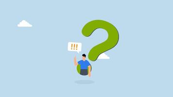 4k animation of determination businessman comes out of question mark to answer question. video