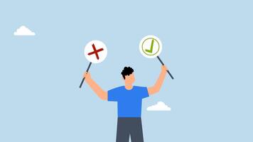 4k animation of thoughtful businessman holds right or wrong left and right hand when making decision. video
