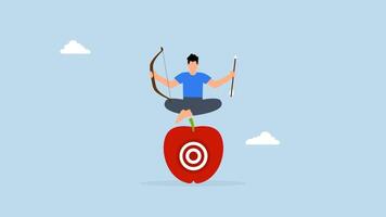 4k animation of businessman archery holding bow and arrow, meditating and concentrating on mark center of apple. video