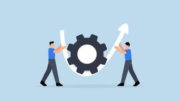 4k animation of business partner helps turn tool so that arrow is up. video