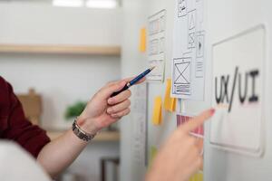 UX and UI Design. Focused hands pointing at wireframes and design elements on a wall. photo