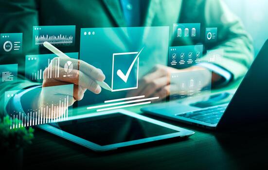Digital approval and task management with futuristic interface. Businessman using stylus on tablet to complete checklist, analyze data on smart dashboard. Concept of workflow automation, e-signature. photo