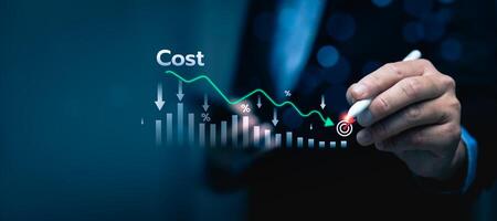 Businessman Planning Cost Reduction Strategy with Analytics and Target Icon on Digital Graph Chart, Business Budget Management, Financial Efficiency and Profit Optimization Concept photo