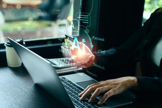 Businesswoman using AI-powered translation app on smartphone with digital interface showing multiple languages, symbolizing artificial intelligence in multilingual communication and global connection. photo