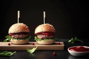 Two sesame seed burgers on a wooden board. Each burger has lettuce, ketchup, and a toothpick. A small bowl of ketchup is beside them. photo