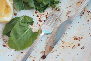 Leftover meal remnants on an empty plate after dining photo