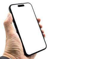 Hand Holding Smartphone with Blank Screen for Mockup and App Presentation. perfect for app presentation, UI UX design, advertising. Copy space. isolated on white with clipping path photo