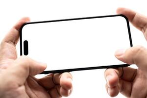 Hand Holding Smartphone with Blank Screen for Mockup and App Presentation. perfect for app presentation, UI UX design, advertising, and product mockup. Copy space. isolated on white. Gaming. photo